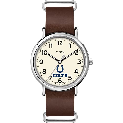 Timex Tribute Men's NFL Weekender 40mm Watch – Indianapolis Colts with Brown Genuine Leather Slip-Thru Strap