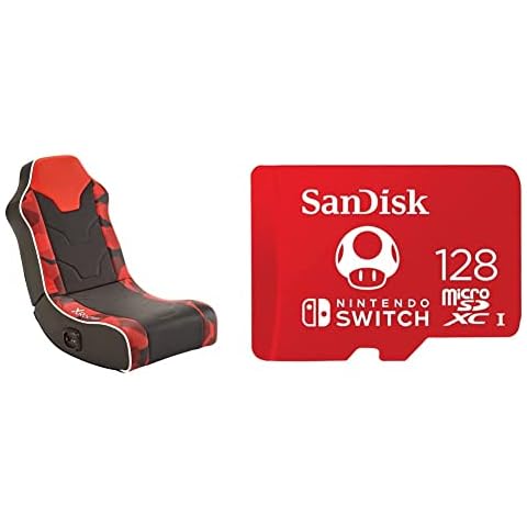 Hermes 2.0 Floor Rocker Gaming Chair for Kids and Juniors, Low Folding Rocking Seat - Red & SanDisk 128GB microSDXC card for Nintendo Switch consoles up to 100 MB/s UHS-I Class 10 U3 - Red Cover