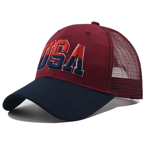 Image of Wine Red USA Flag Trucker Hat Baseball Cap Adjustable Sportswear Hat for Men Women Unisex