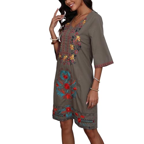 Image of Grosy Women's Embroidered Mexican Fiesta Dress Plus Size Traditional Floral Boho Dresses for Women Peasant Hippie Outfit