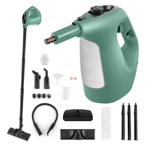 COSTWAY Nettoyeur Vapeur Portatif 1400W avec 14 Accessoires, Balai Vapeur Durée d'Utilisation Illimitée Réservoir d'Eau 400 ml, Nettoyant Vapeur pour Canapé Vitre Plancher Tapis Rideaux (Vert)