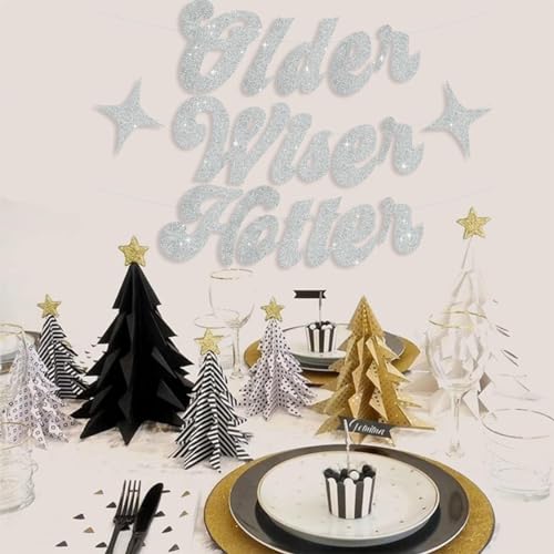 Image of BEISHIDA Glitter Silver Older Wiser Hotter Banner with Star, Funny Birthday Banner 30th 40th 50th 60th 70th 80th Party Decorations