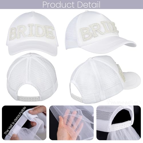 Image of Framendino, Bachelorette Bride White Trucker Hat Baseball Cap with Detachable Veil for Party