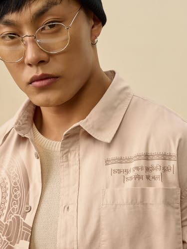 Image of The Souled Store The Mythical Archer Men and Boys Long Sleeves Collared Neck Button Front Beige Printed Cotton Relaxed Shirts