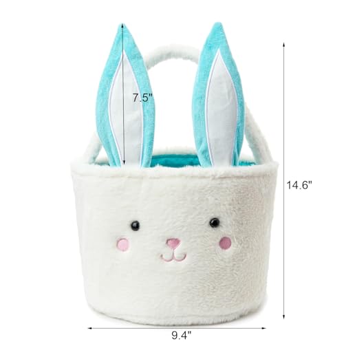 Image of Plush Bunny Basket for Easter Fluffy Easter with with Bunny Ears , Easter Egg Hunts Decorations Candy Gifts Storage (Blue White)