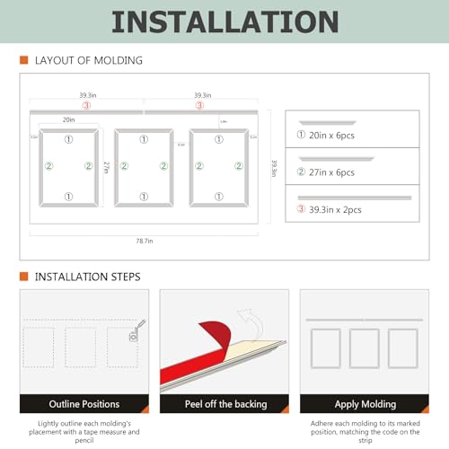 Peel and Stick Wainscoting Panels, 3 Set 20"x27" Wall Molding + 2pcs Chair Rail Trim, Pre-Cut Self Adhesive Premade Molding Panel for Bathroom Hallway Door Nursery Wall, Ready to Assemble by SAFERRYHOME - Image 6