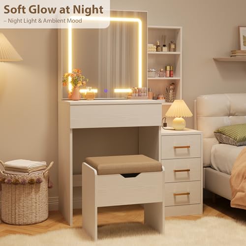 GarveeHome Makeup Vanity Desk with Sliding Mirror, Vanity Dressing Table with 3 Color Adjustable Lights, Girls Vanity Set with Stool, 4 Compact Vanity Drawers, Power Outlet, White