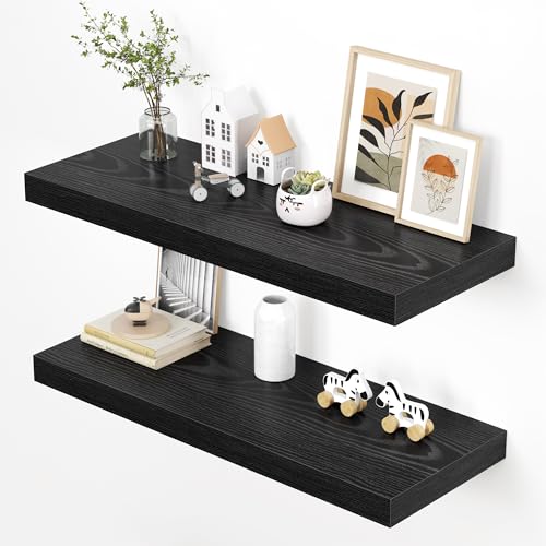 Image of Dreamland 36 inch Floating Shelves for Wall, 12 inch Deep Thicker Black Floating Shelves, Wall-Mounted Shelves for Bedroom, Living Room, Kitchen, Bathroom - Set of 2