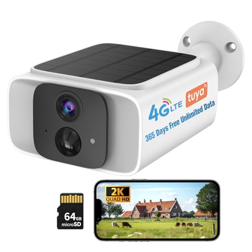 4G LTE Cellular Solar Security Camera Outdoor,365 Days Free Unlimited Data,Tuya Smart Camera,2K Outdoor Surveillance,Color Night Vision, AI PIR Motion Sensor,No WiFi Security Camera ,64GB Storage