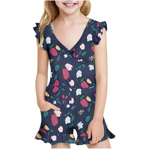 Girls Built in Bra Swim Romper Floral Printed One Piece Full Coverage Bathing Suits Ruffle Swimsuit with Built in Bra - Main Image