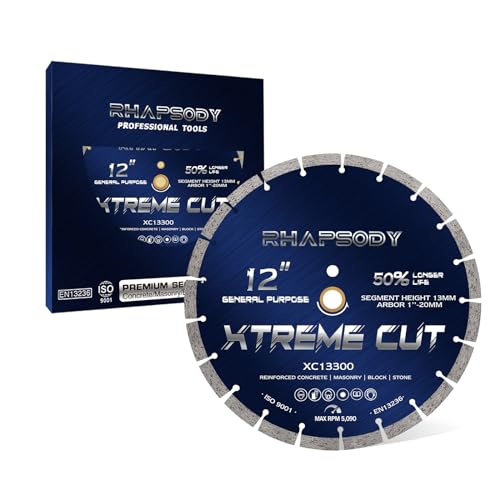 RHAPSODY 12 Inch Diamond Saw Blade, Segmented General Purpose Blade Dry/Wet Cutting Concrete, Reinforced Concrete, Masonry, Brick, Block,1"-20mm Arbor