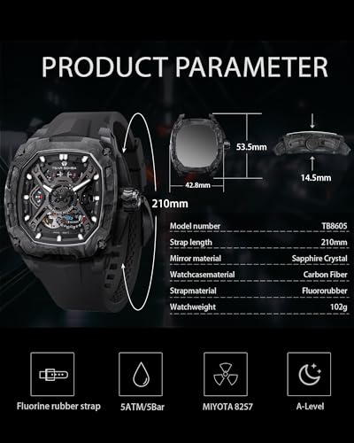 Image of TSAR BOMBA Luxury Mechanical Watches for Men with Carbon Fiber Case Men Wristwatch Luminous 5ATM Water Resistant Men's Watch with Fluorine Rubber Strap Great Gifts for Men