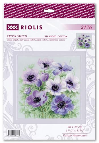 Image of RIOLIS - Purple Anemones 2176, Cross Stitch Kits 11 inch x 11 inch, Cross Stitch Kits for Adults, Floral Counted Cross Stitch Kits, Embroidery Kit for Beginners & Advanced, Crossstitching Kits