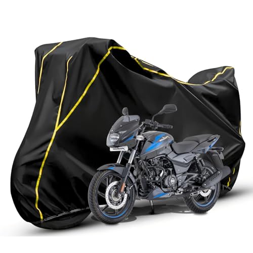 Image of Waterproof Bike Body Cover Compatible with Bajaj Pulsar 150 Dustproof Scratchproof - Motorcycle Cover for Two Wheeler, Outdoor Full Cover with UV, Duty, Rain Protection (Black & Yellow)