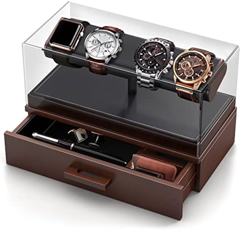 Zavoko Watch Display Case - Men's Wood Watch Stand With Removable Acrylic Cover & PU Leather Padding - Velvet Lined Drawer/Organizer (Rings, Jewelry, etc) Great Boyfriend/Dad/Father's Day Gift.