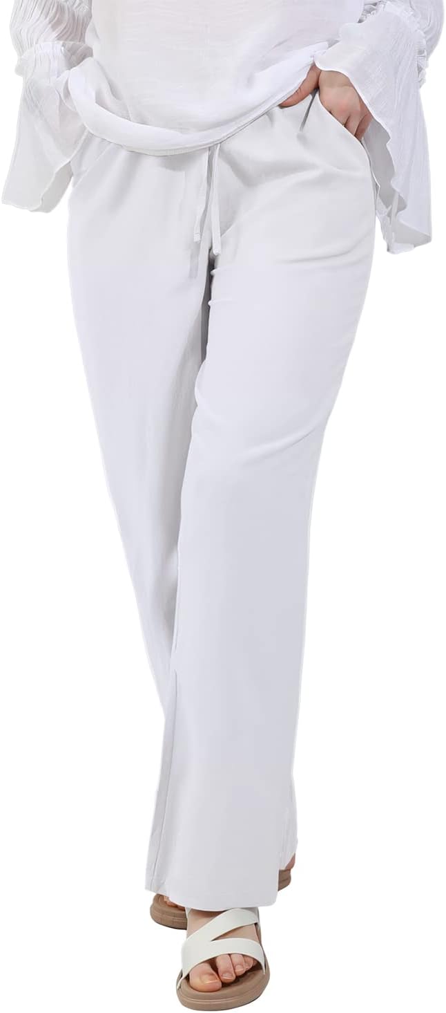 utcoco Women's Cotton Linen Drawstring High Waisted Pants Casual Loose Fit Wide Leg Trousers - Image 6