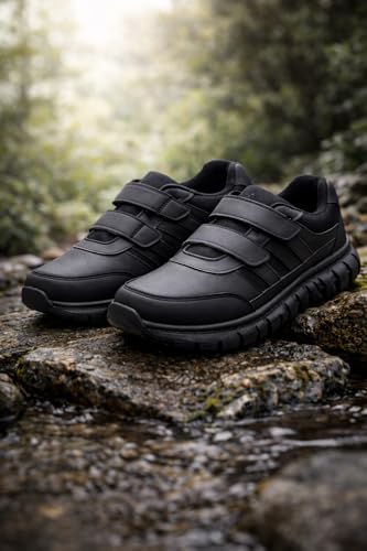 Image of PeniLo Black School Shoes with Double Velcro Straps, Comfortable Athletic Style