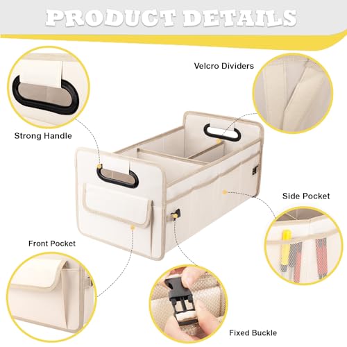 JiatuA Car Trunk Organizer, Car Organizers and Storage Collapsible Multi Compartment Container Box, Adjustable Car Accessories for SUV Sedan Truck, Standard Size, Beige - Image 4