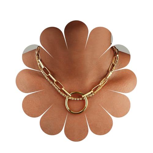 Aneneiceera Punk Cristal Gargantilla Collar Redondo En Capas Diamantes Imitación Oro Gargantilla Gran Círculo Collar Colgante Gargantilla Gruesa Clip Cadena Rock Collar Cristal La Para Las Mujeres