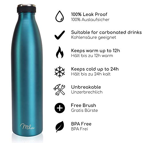 Milu Termo Botella de Agua 500ml, 750ml, 1l - Acero Inoxidable - Aislamiento de Vacío de Doble Pared - Libre BPA (Verde, 1000ml) - Imagen 3