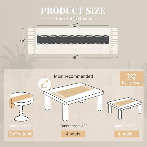 Image of FEXIA Boho Table Runner for Summer Home Decor with Tassels 48 Inches Long Farmhouse Grey Rustic Burlap Table Runner Macrame Table Decoration for Kitchen Bedroom Living Room (12x48 Inches)