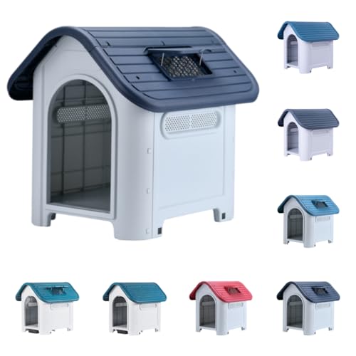LightRise犬小屋 ペットハウス 屋内 屋外用 プラスチック製 ドア付き 防水 通気性小型犬対応組立簡単軽量サビない 全天候型屋外犬小屋四季ユニバーサル小型ハウス防水プラスチック犬小屋ケージ屋外防水犬小屋 (中-グレー+スカイライト,防風鉄門タイプ)