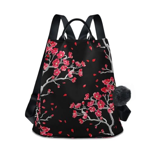 Sac à dos tendance pour femme à motifs branches grises et fleurs rouges avec système anti-vol