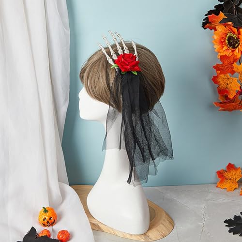 2 Szt. Halloweenowe Dłonie Szkieletu Kości Spinki do Włosów Śliczna Czaszka Ręka Spinka do Włosów z Czarnym Welonem Halloweenowa Różowa Czaszka Aligator Barrette dla Kobiet Dziewczyny Akcesoria do Wło