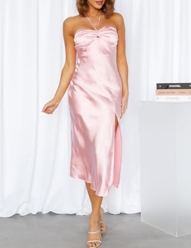 Image of VUBIYA Women's Summer Satin Strapless Slit Halter Midi Dress Wedding Guest