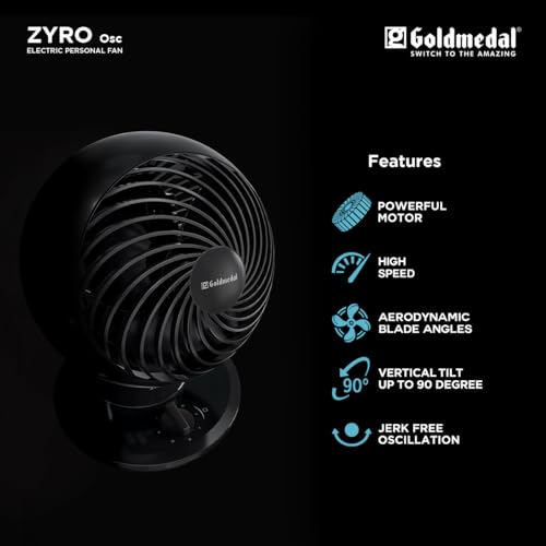 Image of Goldmedal Zyro Osc Electric Small Personal Fan, 180 mm Sweep, Vertical Tilt up to 90 Degree, Jerk Free Oscillation, Aerodynamic Designed Blades for High Speed, Compact Design for Small Spaces - Black