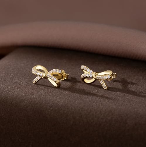 SLUYNZ Sterling Silver Small Bow Stud Earrings for Women Teens CZ Bow Stud Earrings Small Ribbon Earrings4