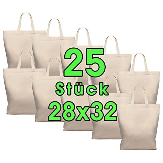Bolsas de algodón 28 x 32 cm, 25 unidades - Yute Medio - Natural farmacia hilo, regalo por Öko-Tex funda plástico sin texto impreso, corto Asa para pintar y Imprimir