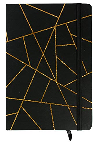 Image of Emartbuy Geometric Marble Hard Cover Exercise Book Diary Notebook Notepad Writing Journal Ruled A5 Size 96 Sheets (192 Pages) - Black/Gold