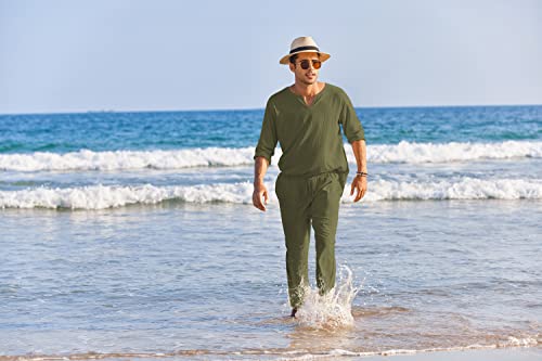 طقم ثياب للرجال من كوفاندي مكون من قطعتين من الكتان القطني للرجال مكون من قميص هينلي باكمام طويلة وبنطلون كاجوال، ملابس صيفية للشاطئ واليوغا, اخضر جيشي, 3XL