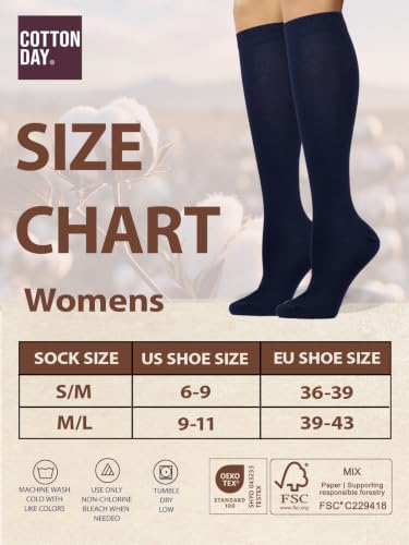 Image of COTTON DAY Women's Soft Combed Cotton Knee High Long Calf Dress Socks Seamless Toe Black White Gray Navy Blue Brown 3 Pack