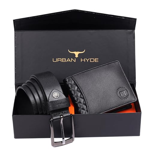 Image of URBAN HYDE Premium Genuine Leather Wallet and Belt Combo for Men with RFID Protection | Leather Wallet & Belt Gift Set for Men | Stylish Gift Combo for Birthday, Anniversary, Office | Black