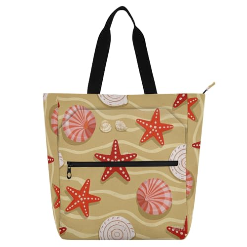 Amooorous - Bolsa decorativa para libros para niños y adultos, diseño de estrellas de mar, color beige, ligera, bolsa de compras con cremallera para la escuela, compras, playa, arcoíris, para la playa