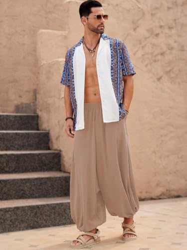 Image of Leriya Fashion Men's Boho Hippie Harem Pants | Black Printed Wide-Leg Trousers | Koren Streetwear Loose Baggy Fit Summer Lounge Yoga Lowers | Men's Solid Cowl Dhoti Pants | Relaxed Fit Draped Harem