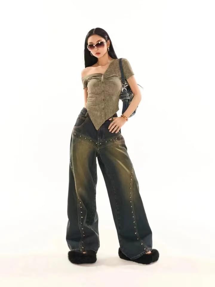 Y2k Grunge American Vintage Patchwork Wide Leg Jeans Hip Hop Casual Baggy Trendy High Waist Loose Streetwear4