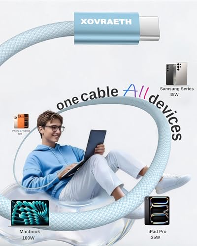 Image of USB C to USB C Cable, 3ft, 100W PD 5A Fast Charging Cord, Aluminum Connector & Nylon Braided Type C Charger Cord for iPhone 17 /16 /15, MacBook Air /Pro, iPad Pro, Samsung S25 /S24 /S23, Pixel 10(Blue)
