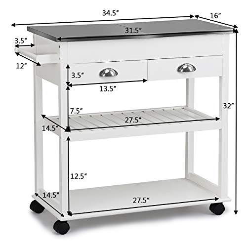 Giantex Kitchen Trolley Cart Rolling Island Cart W/Stainless Steel Flip Top Cutting Table 2 Drawers 2 Shelves Multipurpose Storage Cart Microwave Cart With Towel Rack And Casters (White) #TOP7