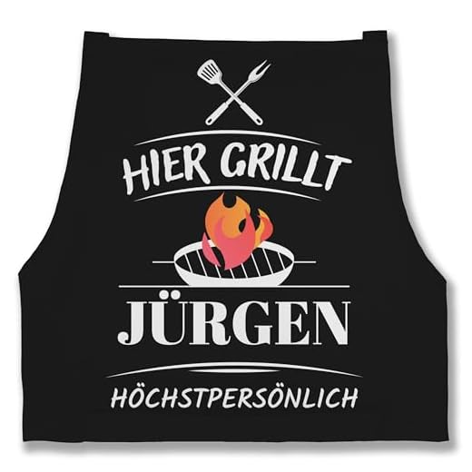 Schürze - Grillschürze Herren Männer - Hier grillt Name höchstpersönlich I Geschenk Grillen I Grill Geschenk I Lustiges Geschenk Papa I Vatertag I Geburtstag - 85x69 - Schwarz - grillschürzen