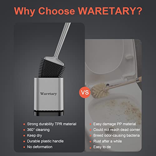 Waretary Toilet Cleaning Brush And Holder Set For Bathroom, Flexer Bowl Under-Rim Brush Head With Silicone Bristles, Ventilated Quick-Drying Wall-Mounted Base(Silver) #TOP1