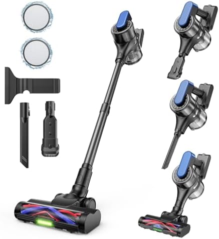 Cordless Stick Vacuum Cleaner – 3-in-1 Brush Roll for Hard Floors and Carpets, 55 Min Runtime Rechargeable Lightweight Vacuum with Green LED Headlight for Pet Hair and Dust Cleaning