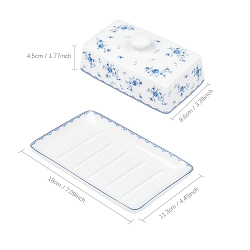 Fanquare Burriera in Ceramica a Fiori Blu con Coperchio e Manico per 250 g di Burro, Grande Burriera in Porcellana, Alta Qualità - immagine 6