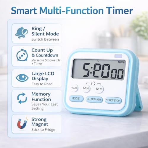 Image of Stopwatch Timer for Study Kitchen Timer Large LCD Screen 24hr Digital Display Magnetic Retractable Stand Loud Alarm Stop Watch Countdown Flashing Light Study Timer for Students Cooking (Blue)