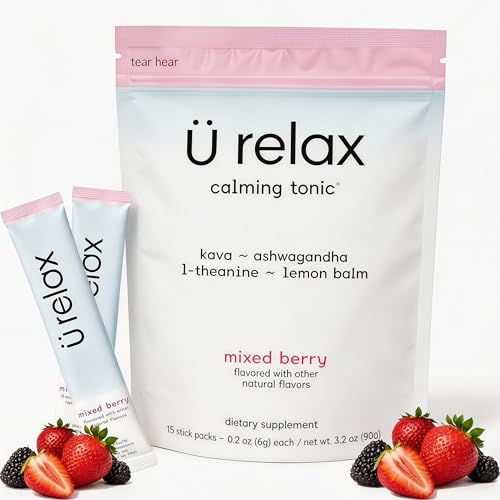 U Relax Powder Drink Mix Mixed Berry Ashwagandha & L-Theanine Adaptogens Cortisol Sleep Aid Ready-to-Mix Sugar Free Zero Calorie 15 Stick Packs