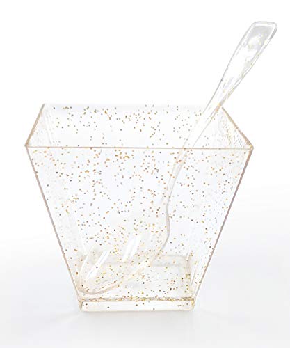 Zappy 100 Square Mini Dessert Cups 2Oz Clear Gold Glitter Tasting Sample Shot Glasses Gold Glitter Dessert Cups & Spoons Disposable Plastic Appetizer Bowls Mini Parfait Cups Small Tumblers Shooters #TOP1