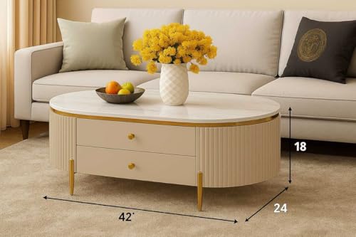Image of WOODEN SPACE Premium Moderno Marble-Top Coffee Table with Storage Drawer & PVD Coated Iron Legs | Oval Wooden Center Table for Living Room & Entryway (Cream)