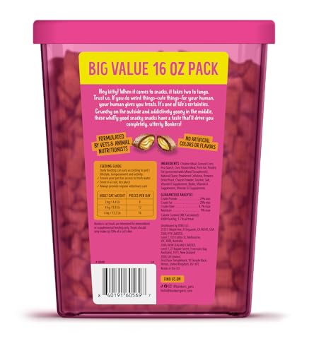 GYCO Bonkerrs Crunchy and Soft Cat Treats Paw Lickin Chicken Flavor 16 oz. Free from Artificial Colors and Flavors, Wheat & Soy.